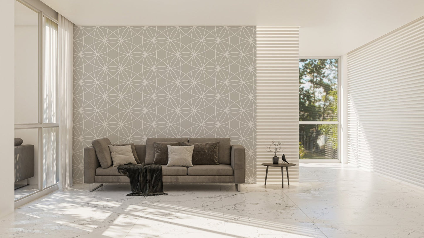 Modern Style Geometric Repeat Pattern Wallpaper in a spacious living room with a grey sofa.