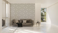 Modern Style Geometric Repeat Pattern Wallpaper in a spacious living room with a grey sofa.