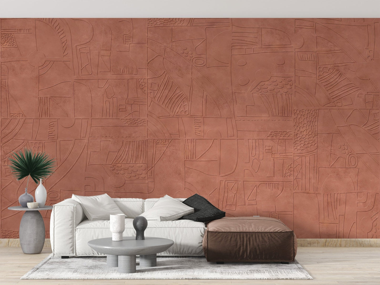 Warm terracotta wall mural featuring subtle 3D visual depth.