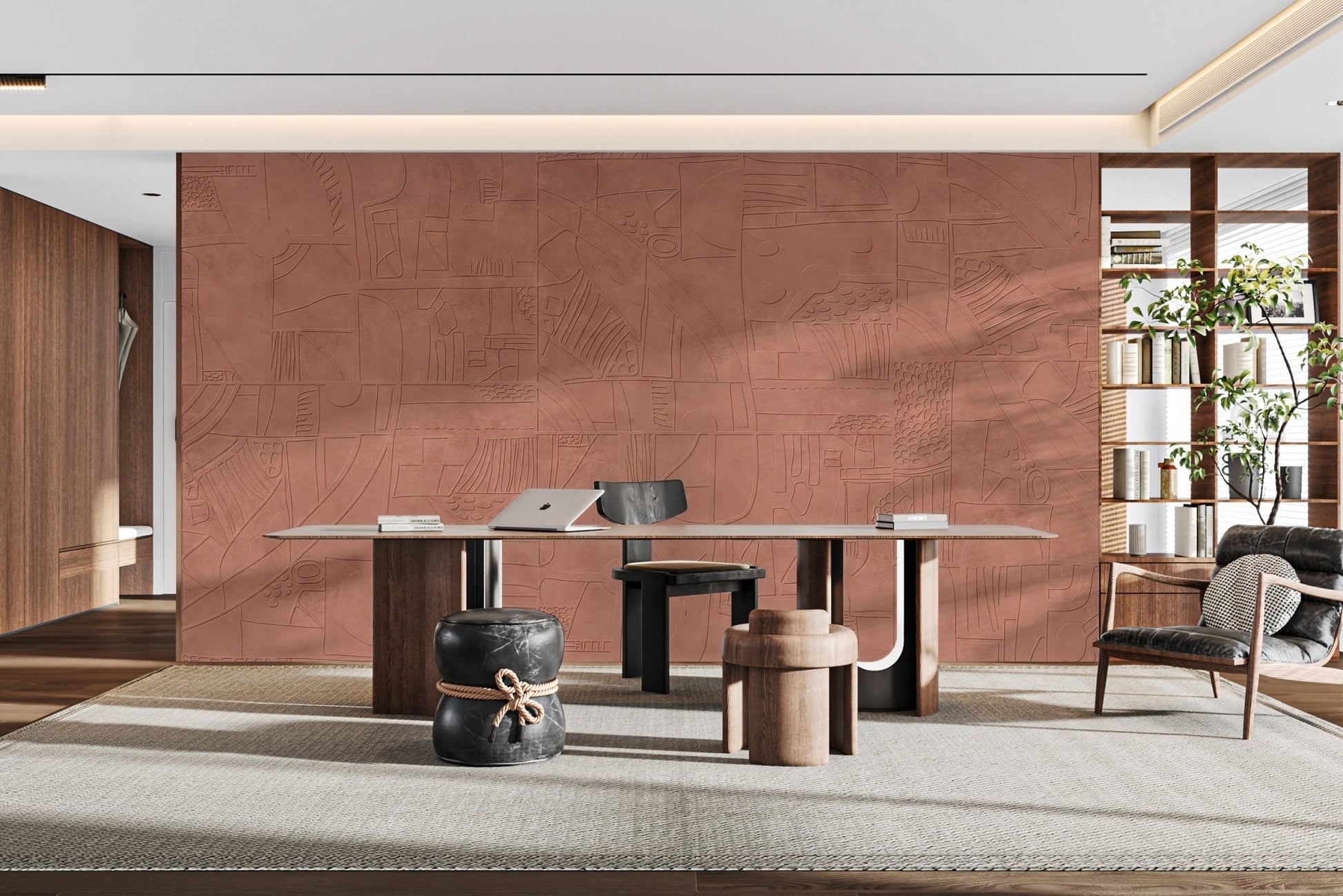 Earth toned textured wallpaper with minimalist artistic shapes.