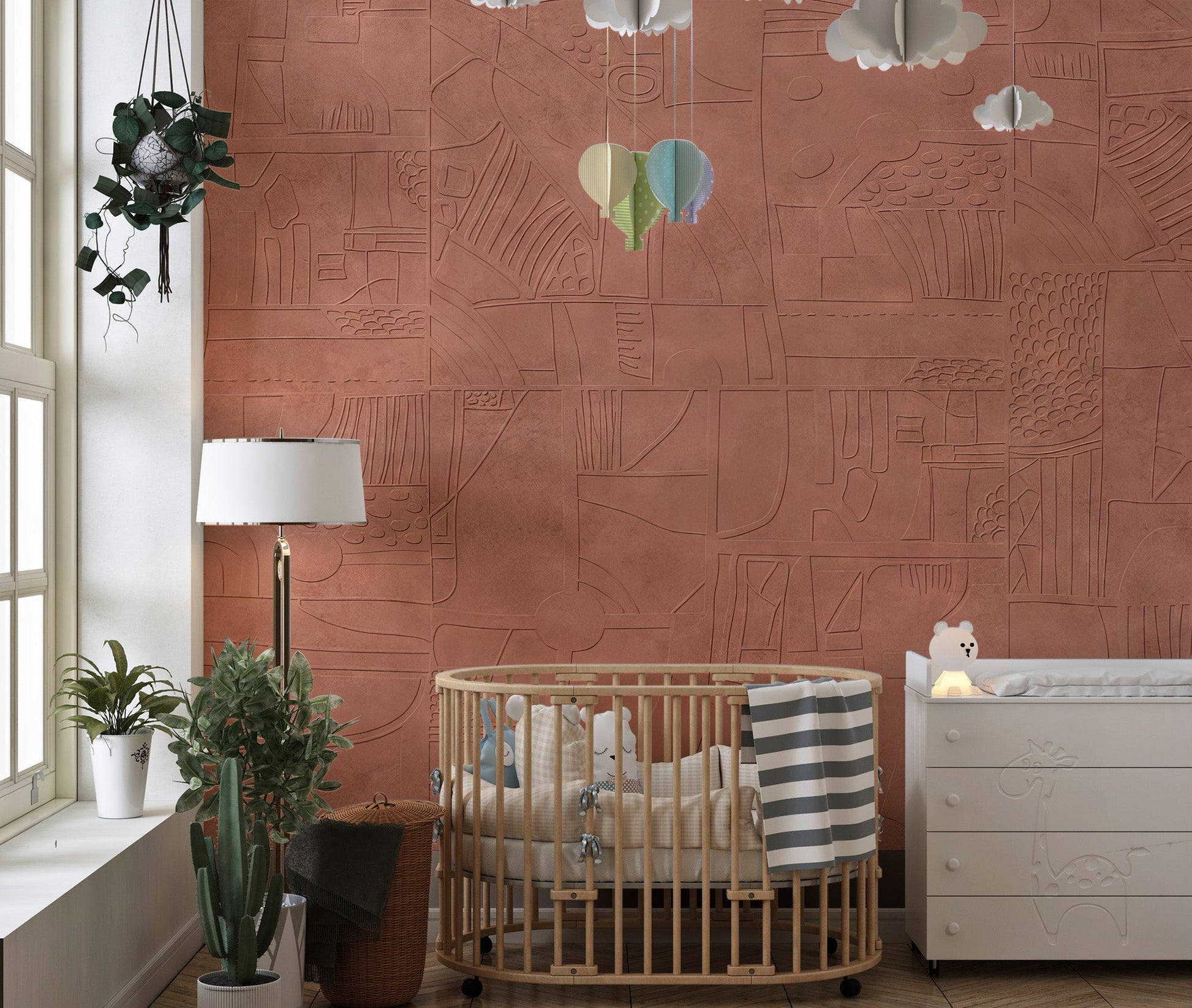 Abstract plaster style wallpaper mural in warm terracotta hues.
