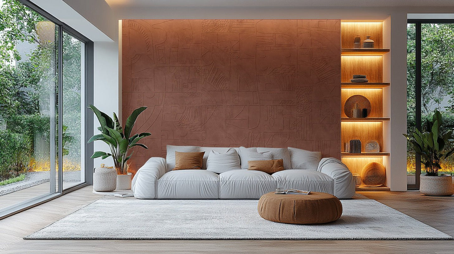 Textured wallpaper mural with tonal geometric compositions.