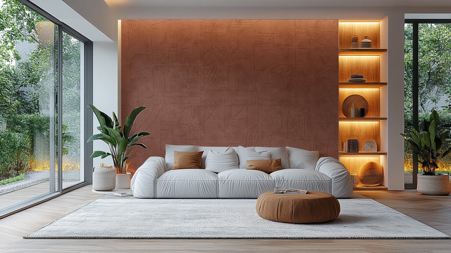 Textured wallpaper mural with tonal geometric compositions.