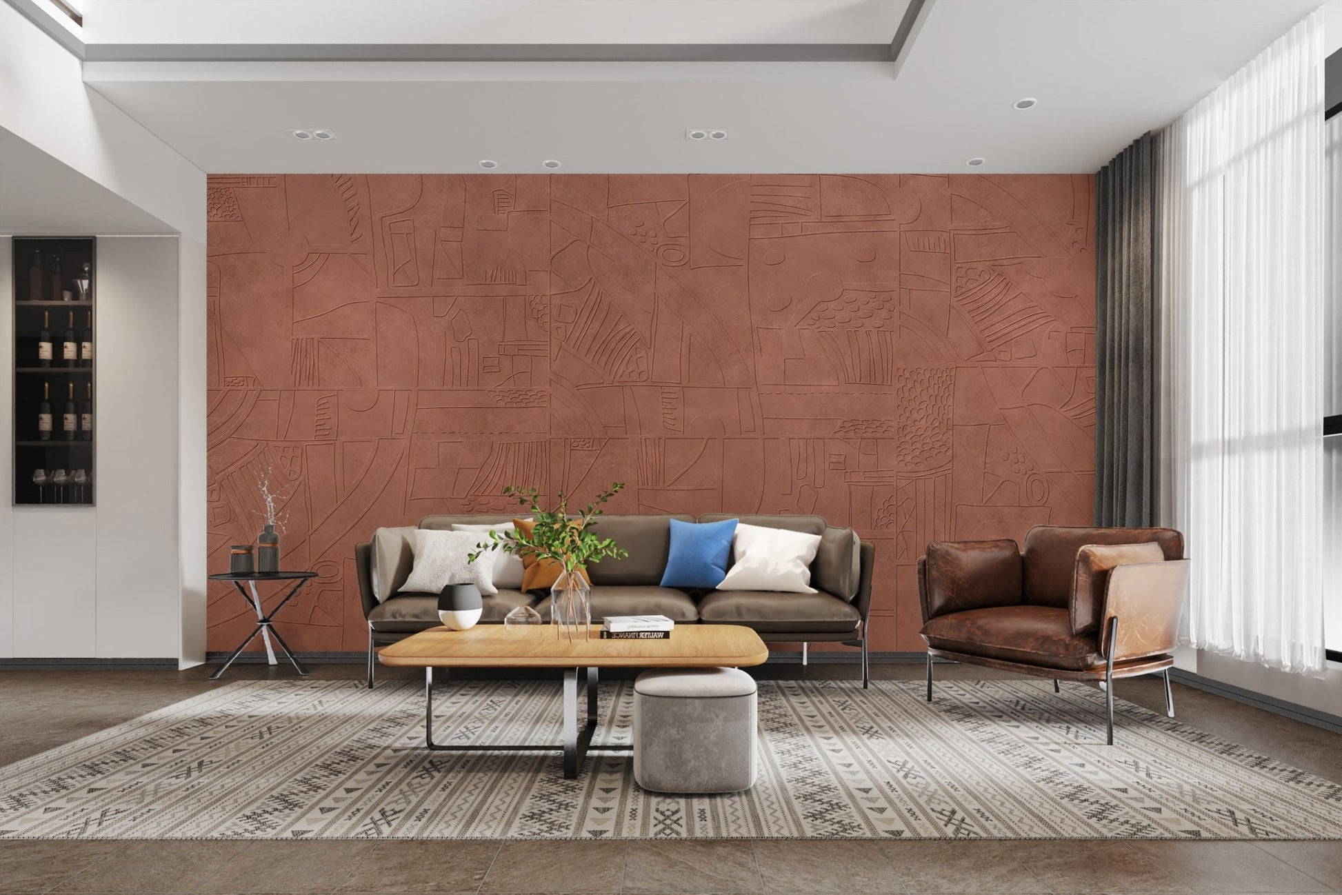 Terracotta clay colored wall mural featuring geometric patterns.