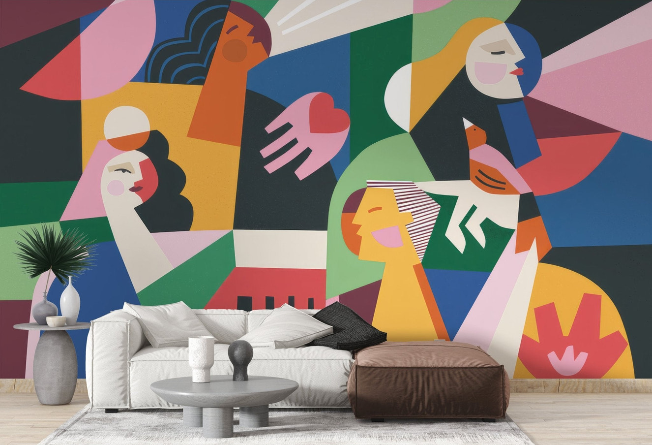 Contemporary abstract female forms wall mural with flat color shapes.
