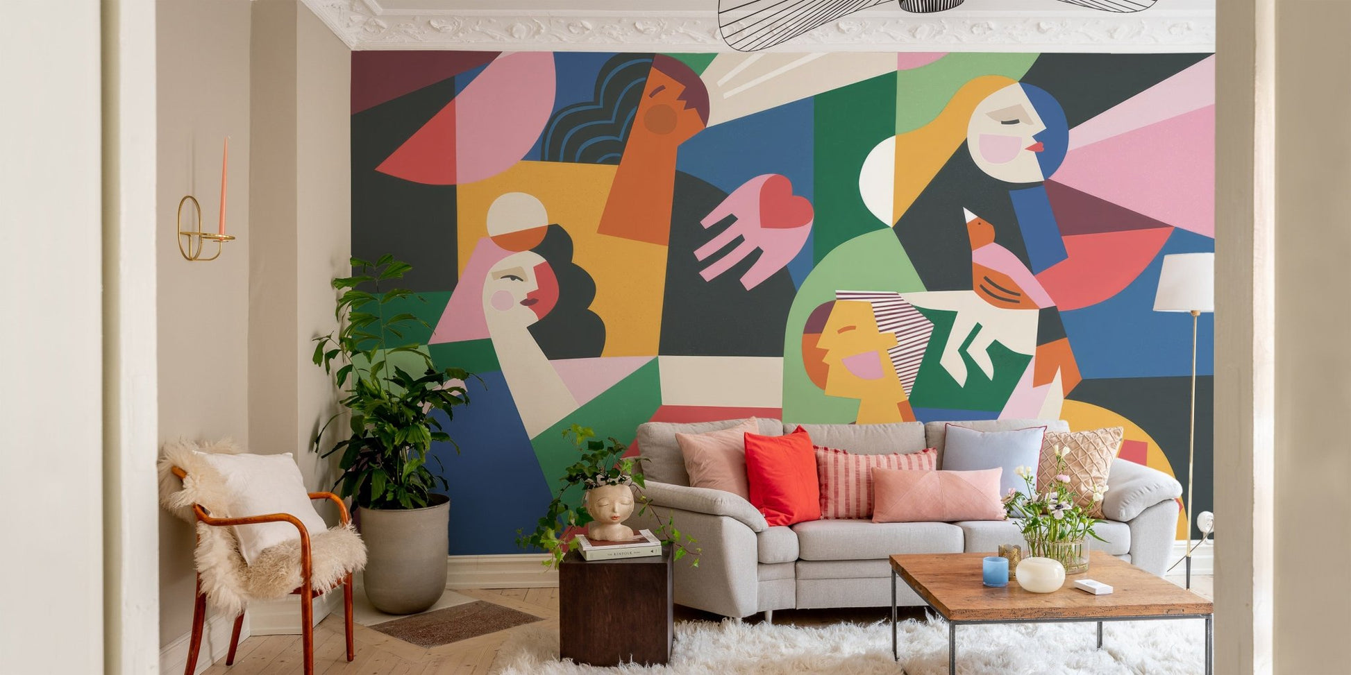 Artistic women silhouettes wallpaper with angular color design.