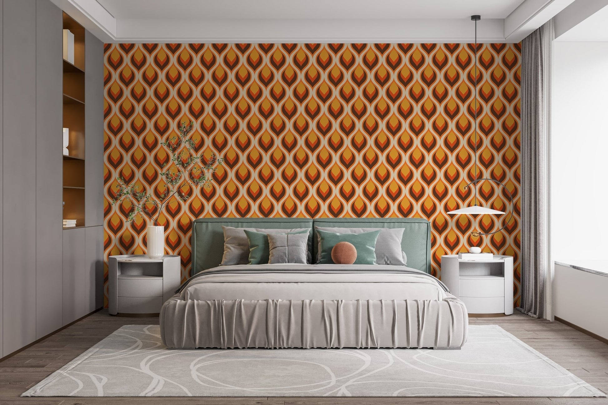 Repeating twist motif wallpaper wall mural in burnt orange shades.