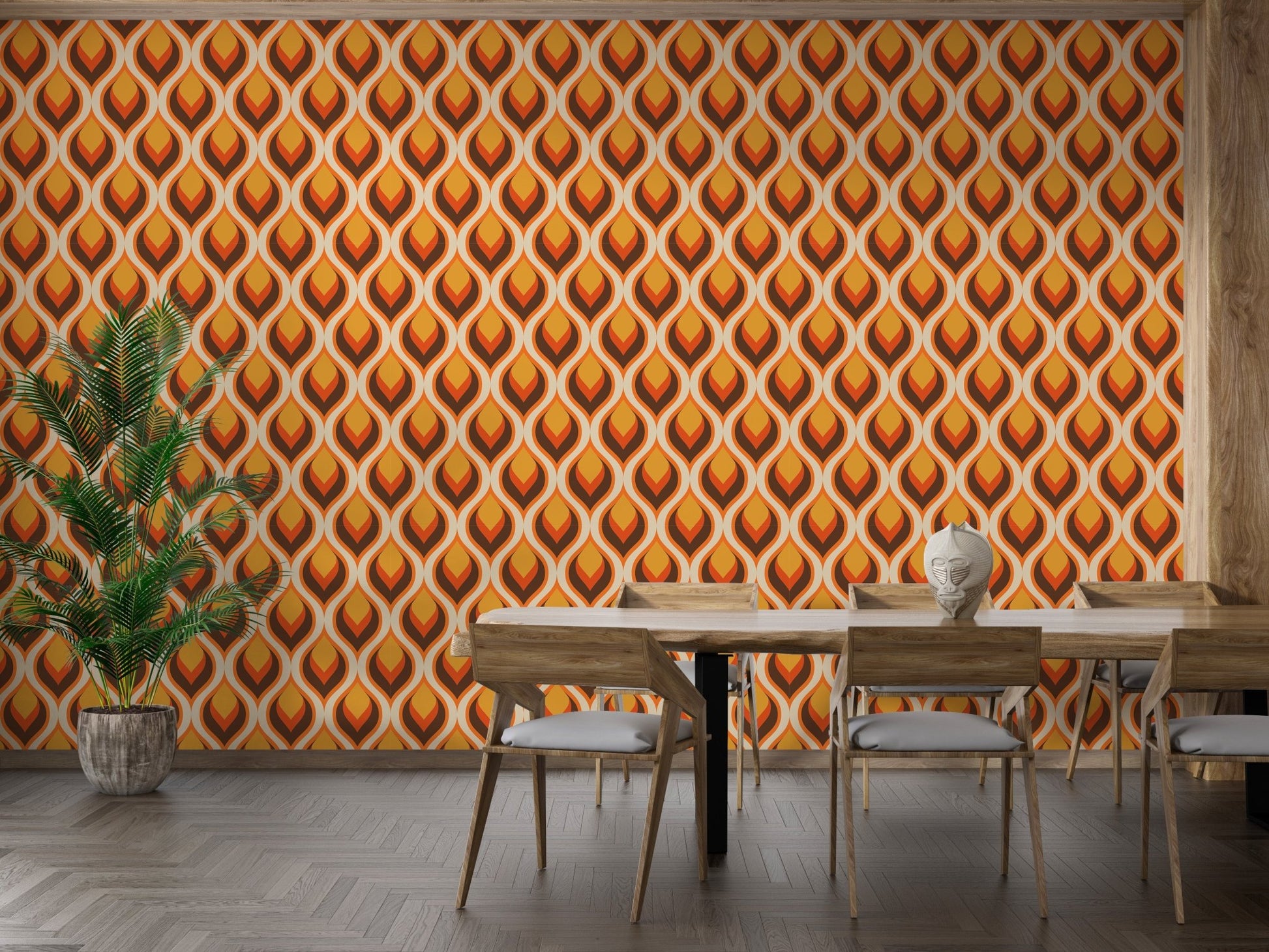 Modish twist wallpaper mural with retro orange swirl pattern.