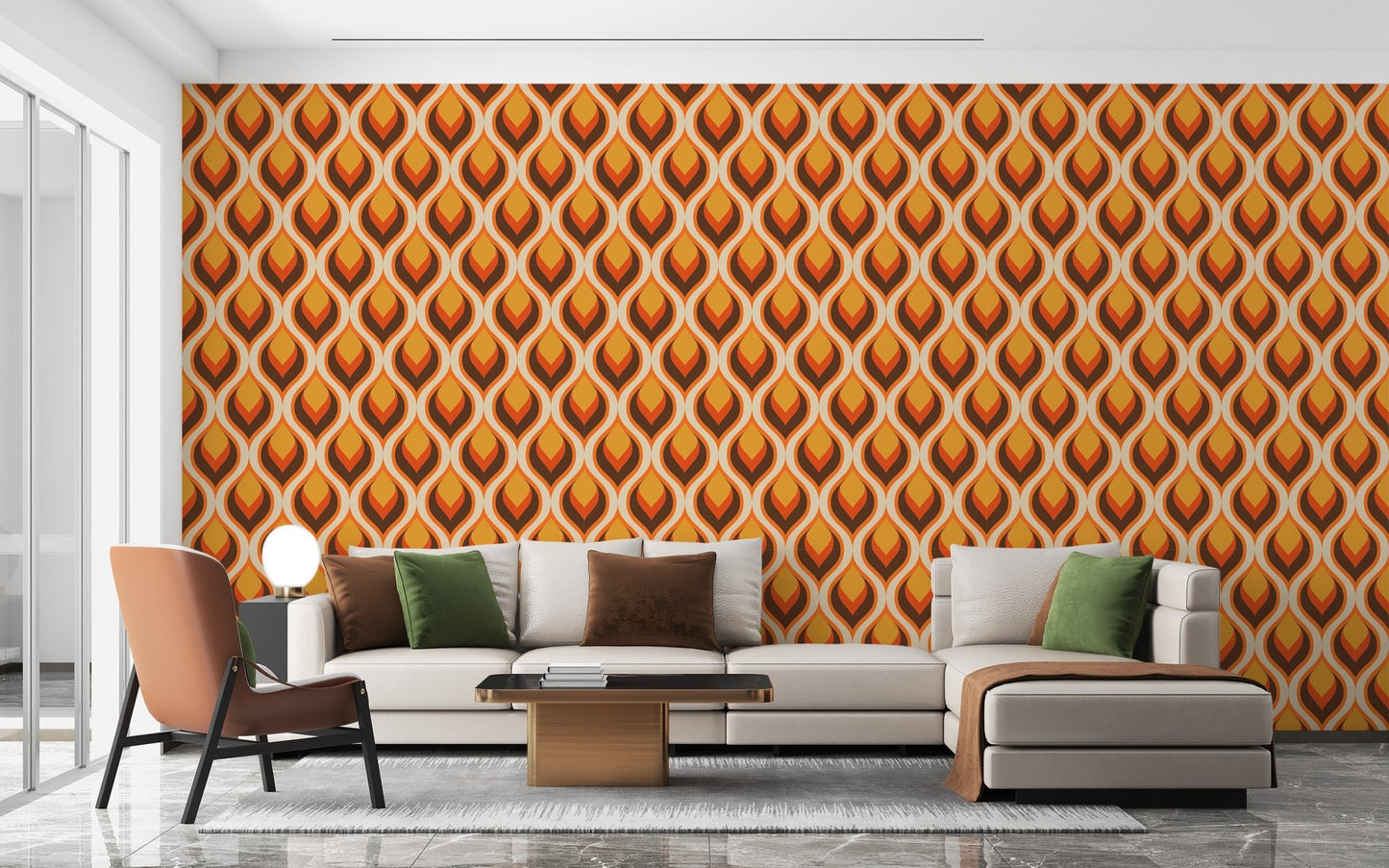 Seamless retro twist wallpaper wall mural in bold color palette.