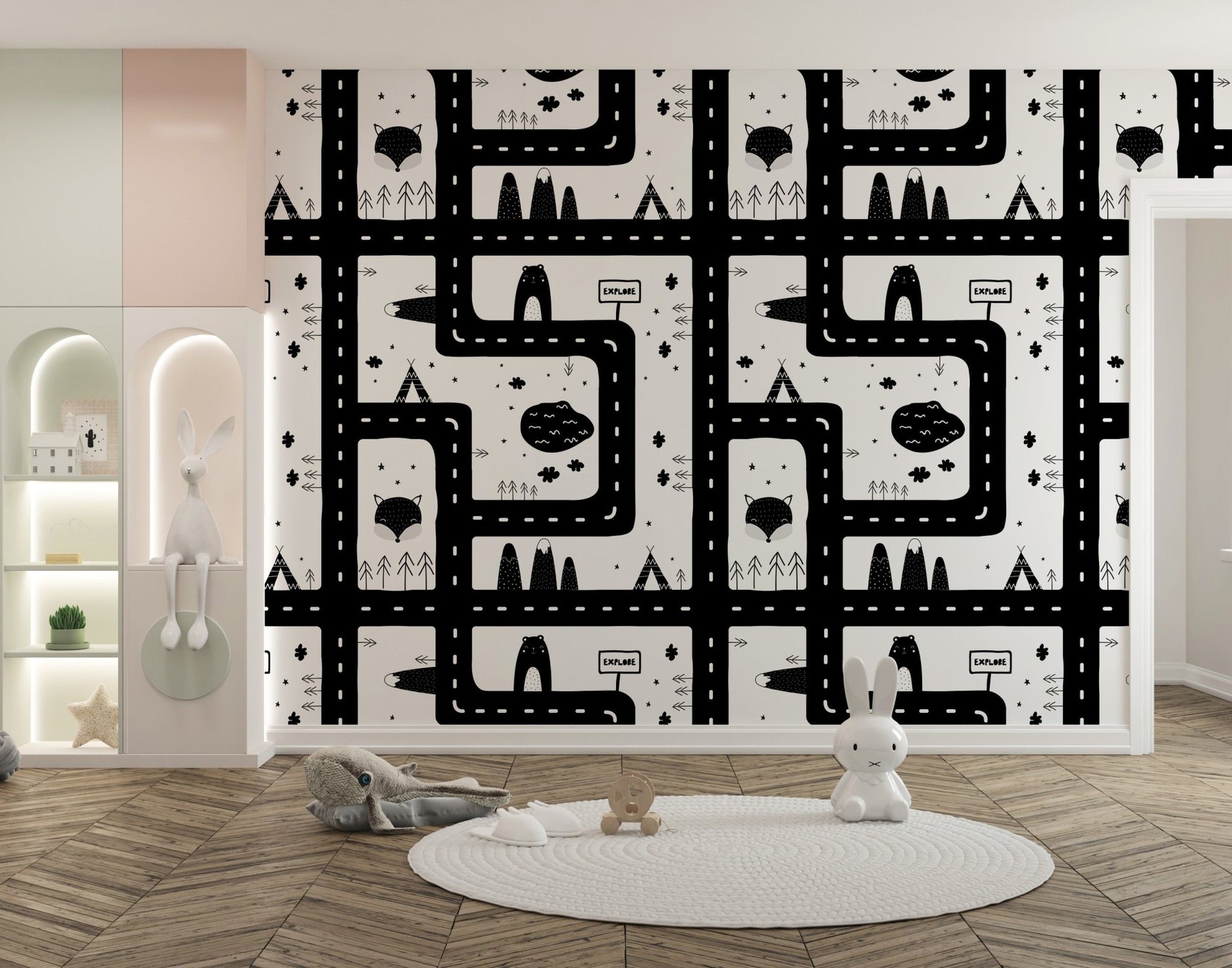 Minimalist cityscape road wallpaper behind a circular rug in a kids' bedroom