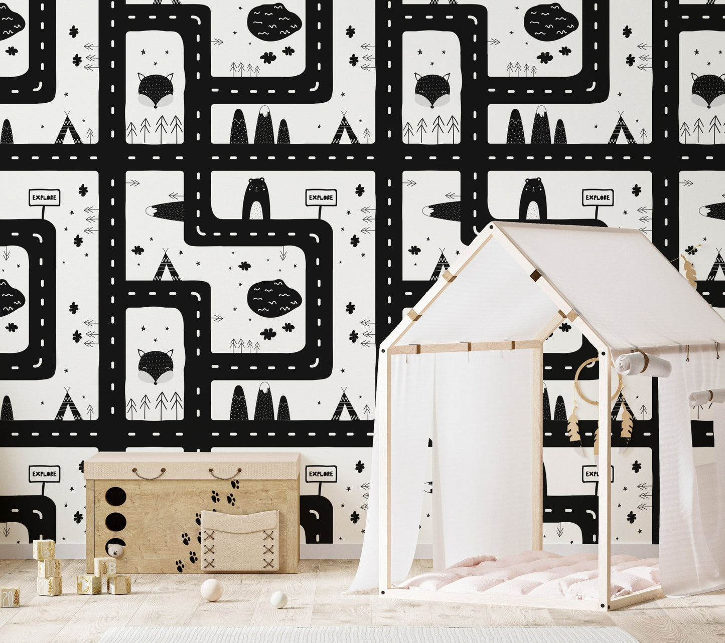 Monochromatic Cityscape Magic Kids Room wallpaper in nursery with white play tent