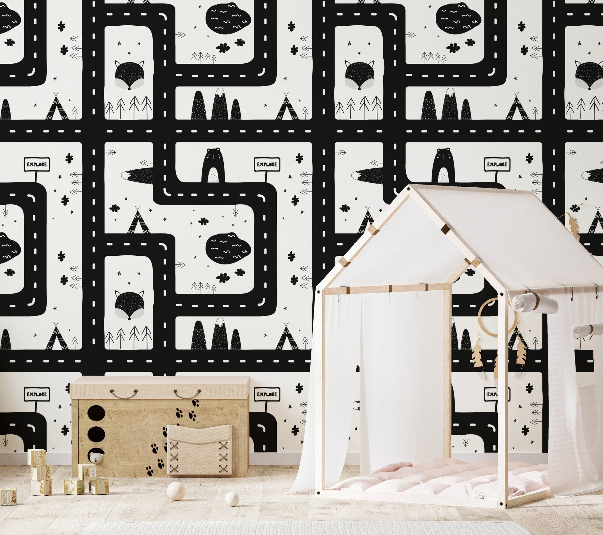 Monochromatic Cityscape Magic Kids Room wallpaper in nursery with white play tent