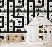 Monochromatic Cityscape Magic Kids Room wallpaper in nursery with white play tent