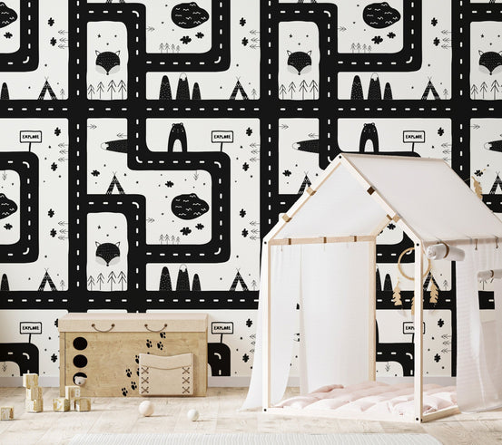 Monochromatic Cityscape Magic Kids Room wallpaper in nursery with white play tent