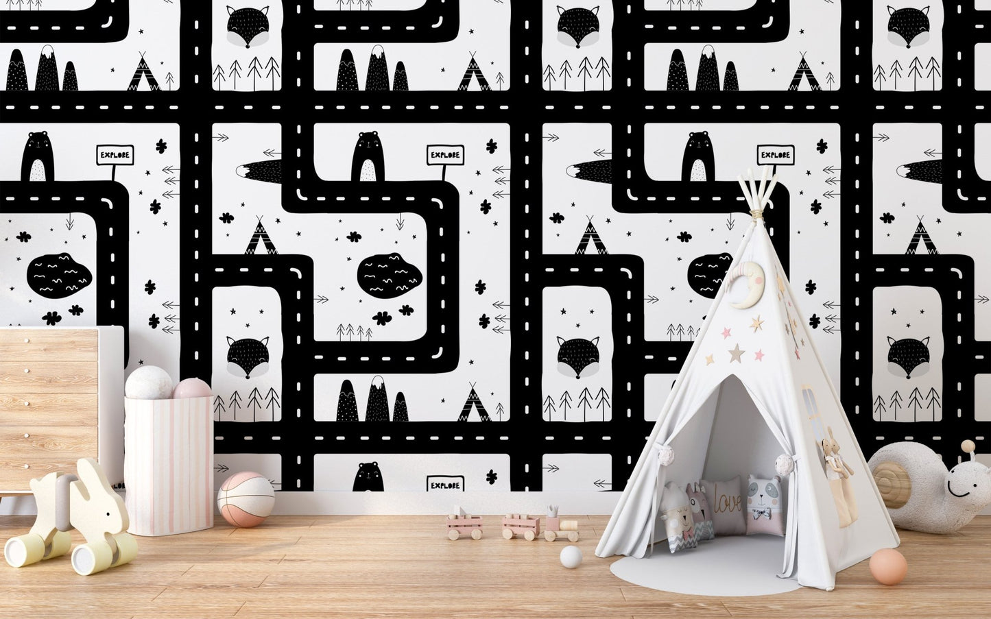 Monochromatic Cityscape Magic wallpaper with a small wooden teepee