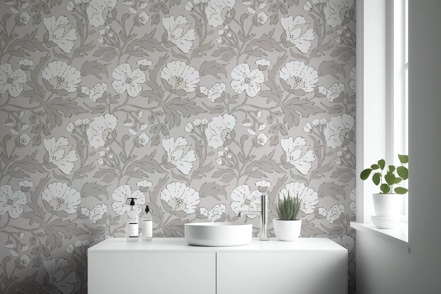 Subtle monochromatic floral wallpaper pattern design