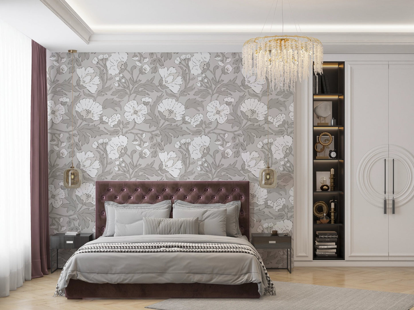 Soft grey floral pattern wallpaper for interior walls