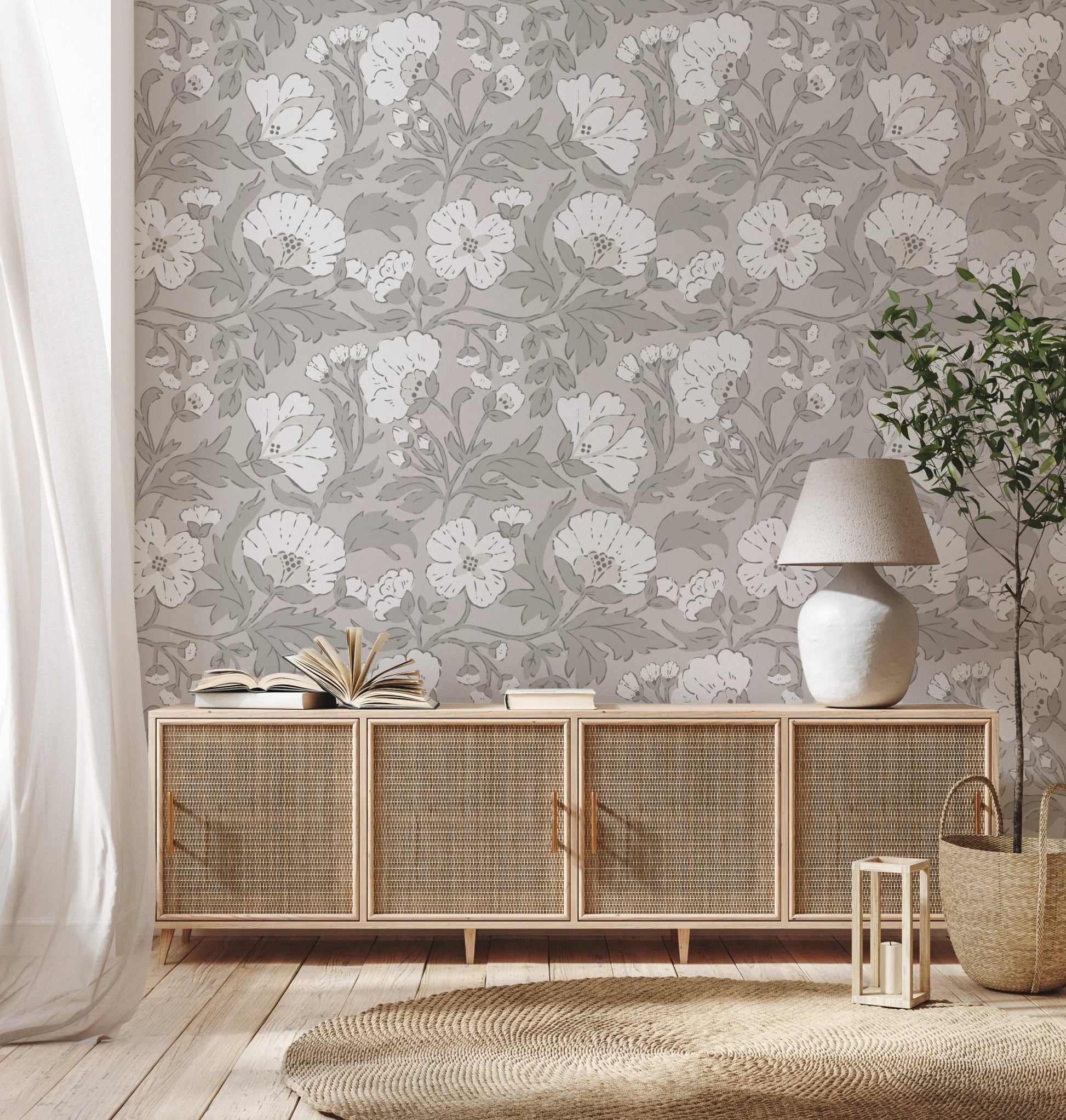Minimal monochrome floral pattern wall covering