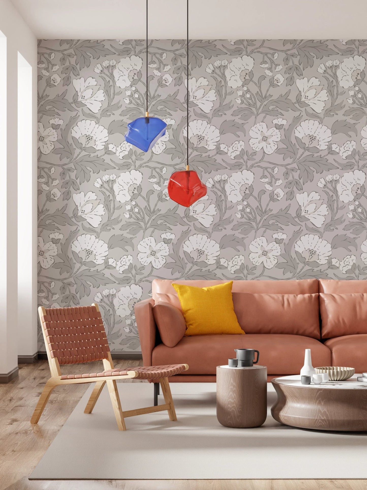 Monochrome floral pattern wallpaper with soft grey tones