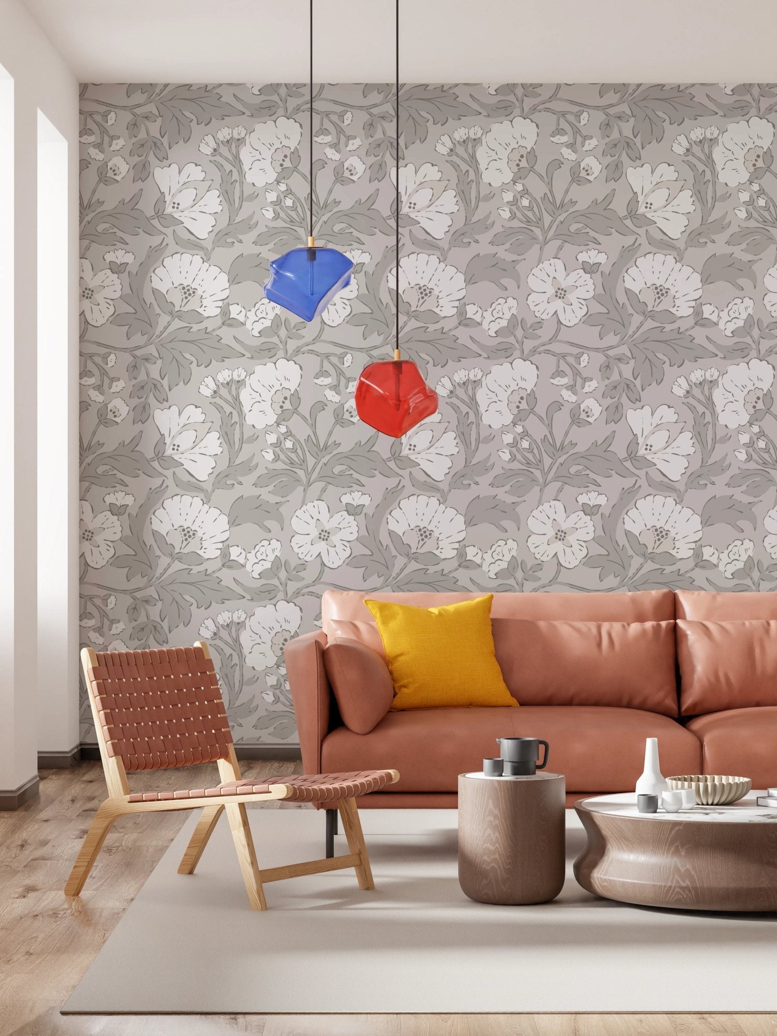 Monochrome floral pattern wallpaper with soft grey tones