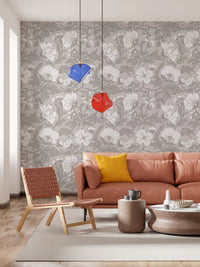 Monochrome floral pattern wallpaper with soft grey tones