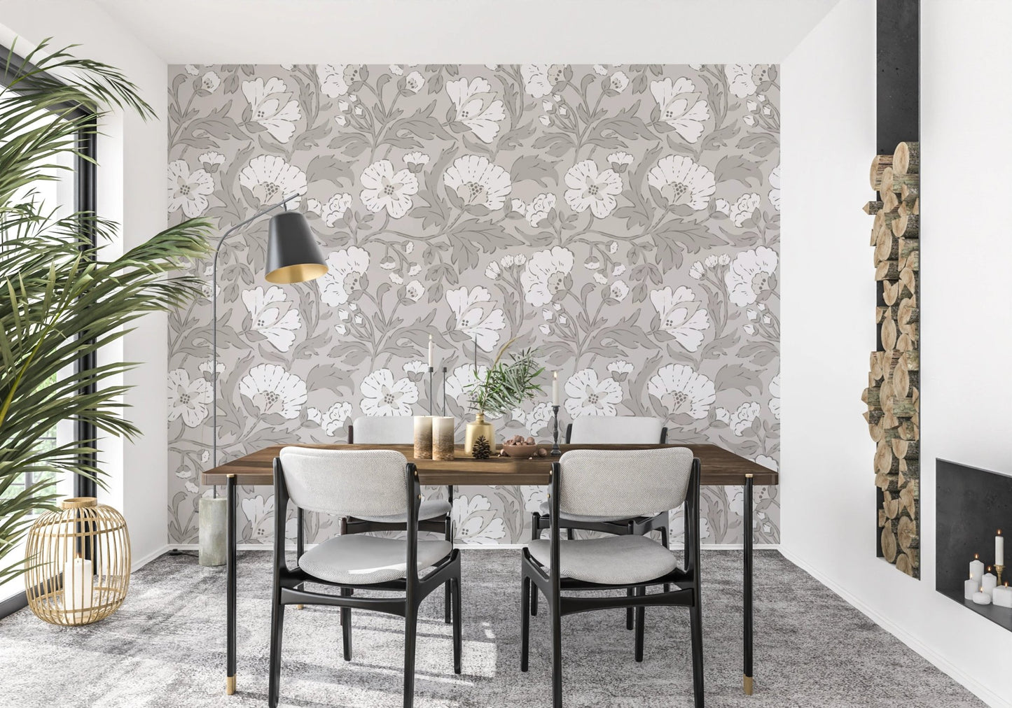 Gentle floral pattern wallpaper in soft grey shades