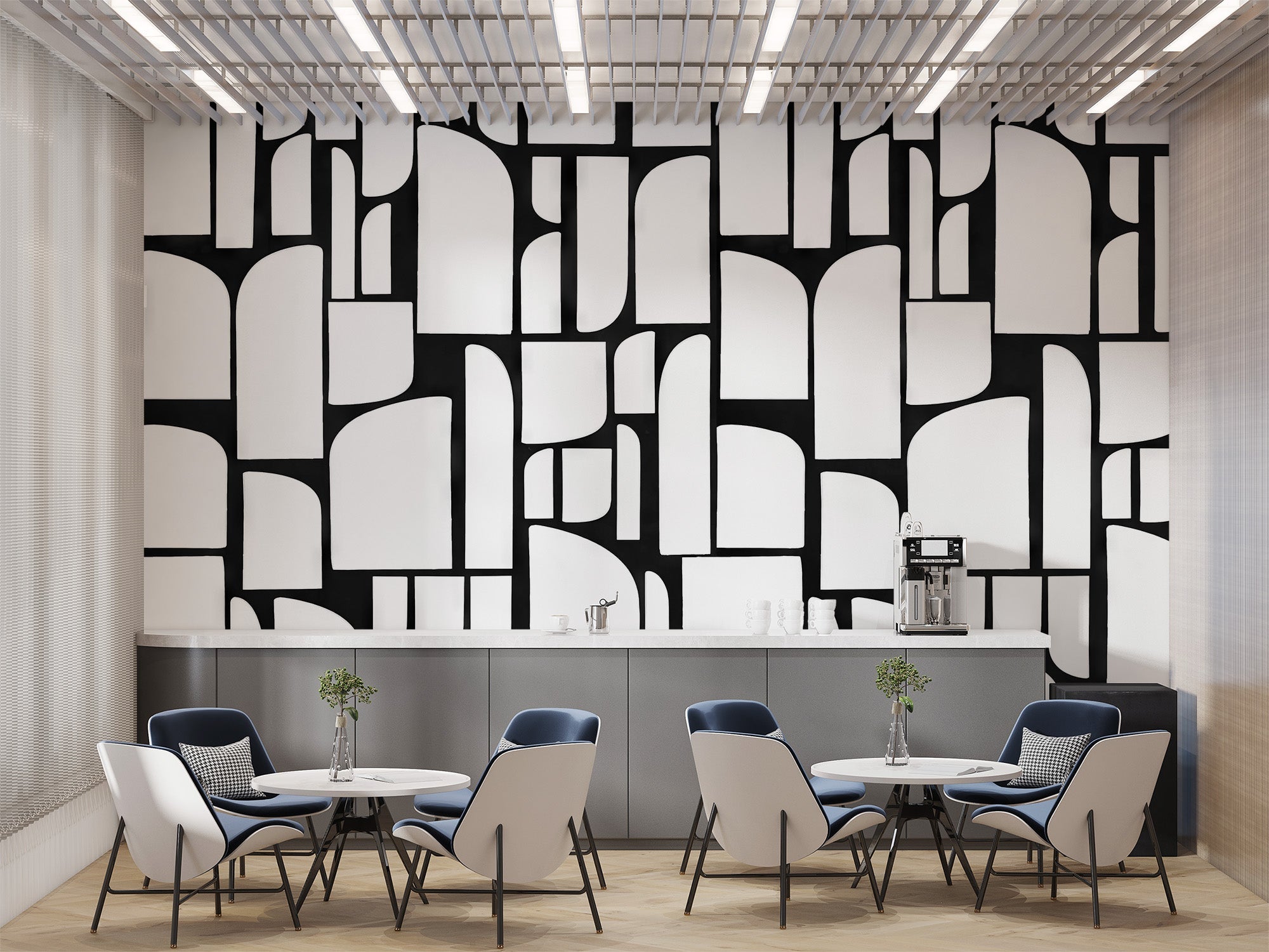 Monochrome Arches Design Wall Mural with white curved shapes.