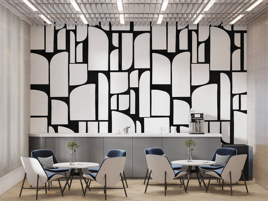 Monochrome Arches Design Wall Mural with white curved shapes.