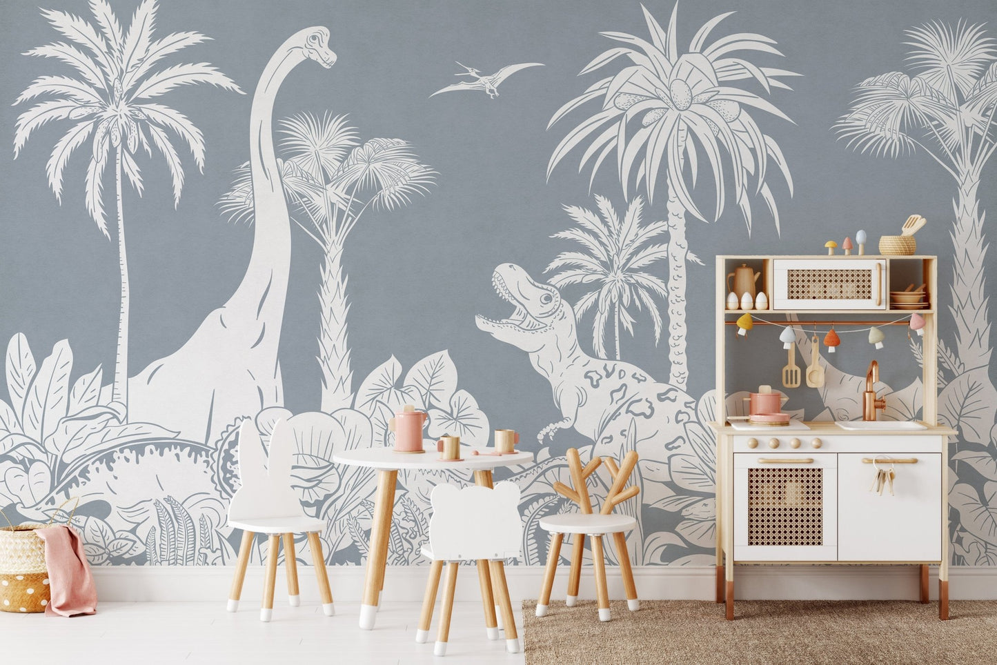 Monochrome Dino Blue Mural - Wallanza