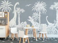 Monochrome Dino Blue Mural - Wallanza