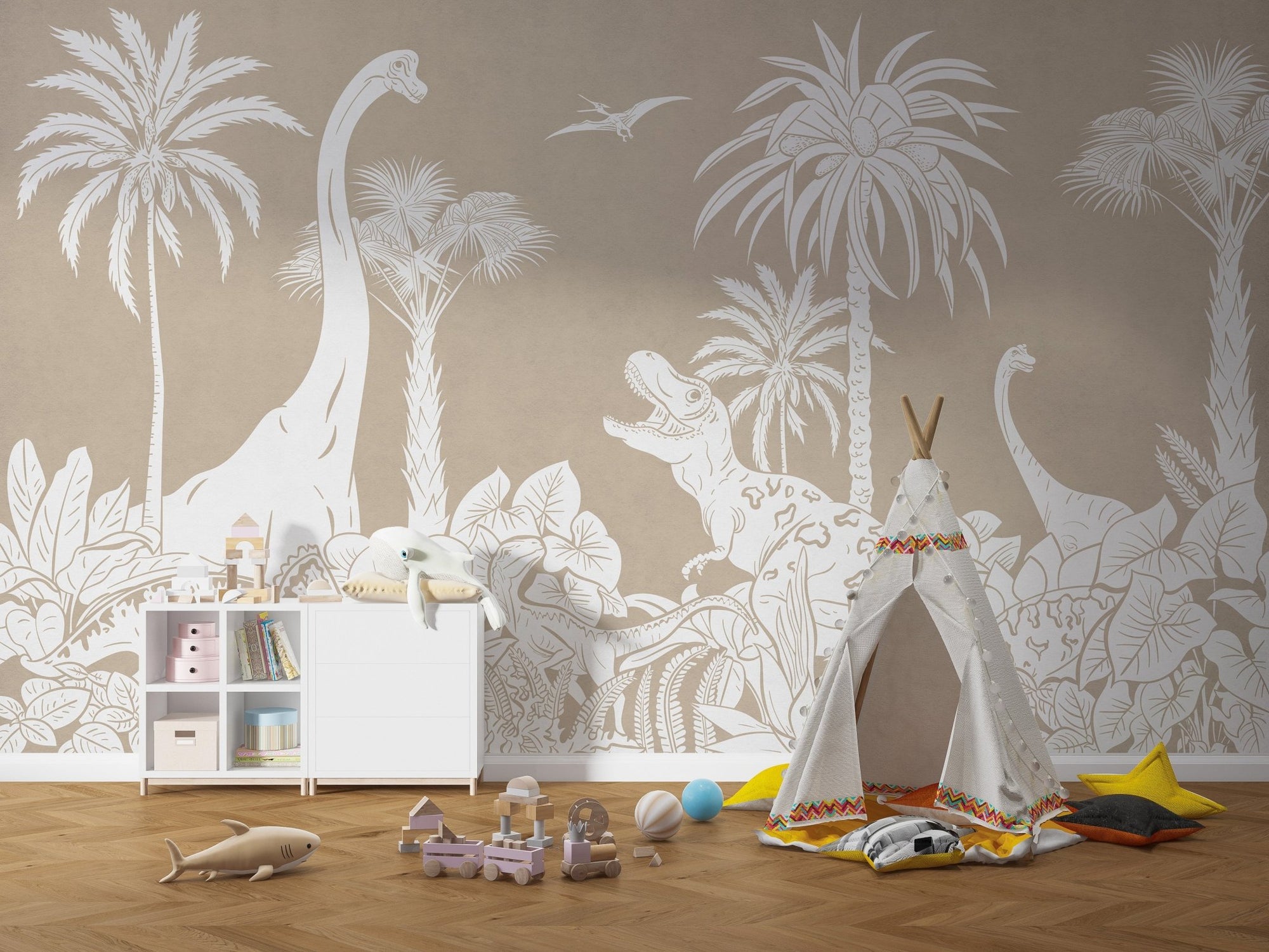 Dinosaur theme wallpaper wall mural in brown monochrome forest style.