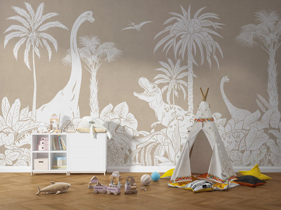 Dinosaur theme wallpaper wall mural in brown monochrome forest style.