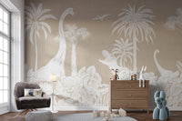 Soft-tone dino brown wallpaper wall mural with tropical landscape theme.