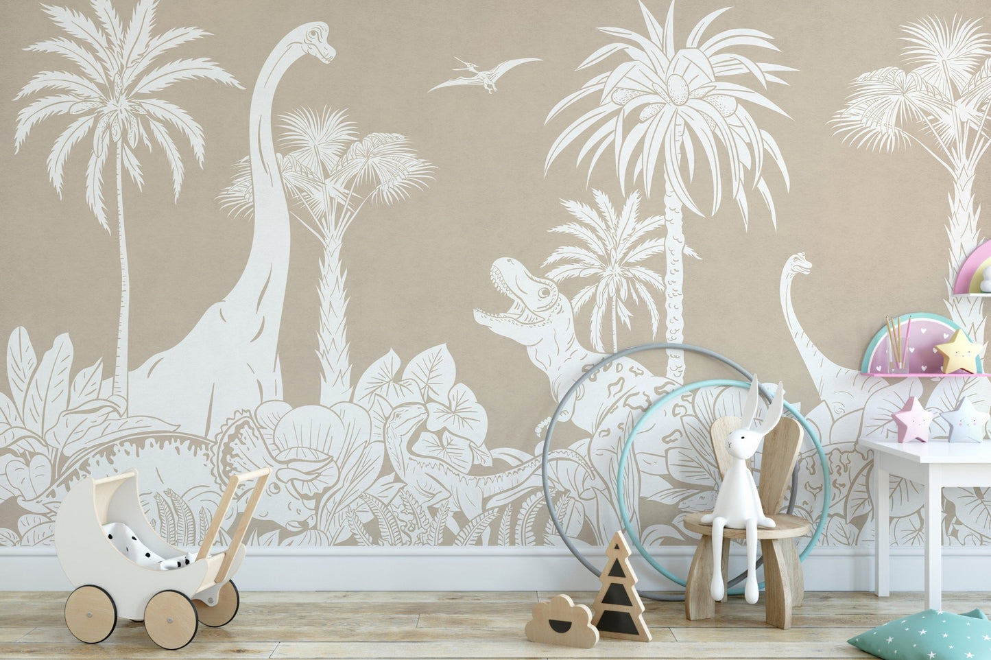Brown dinosaur landscape wallpaper wall mural with tropical trees.