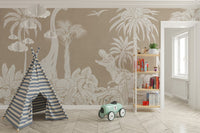 Creative dinosaur illustration wallpaper wall mural in earthy colors.