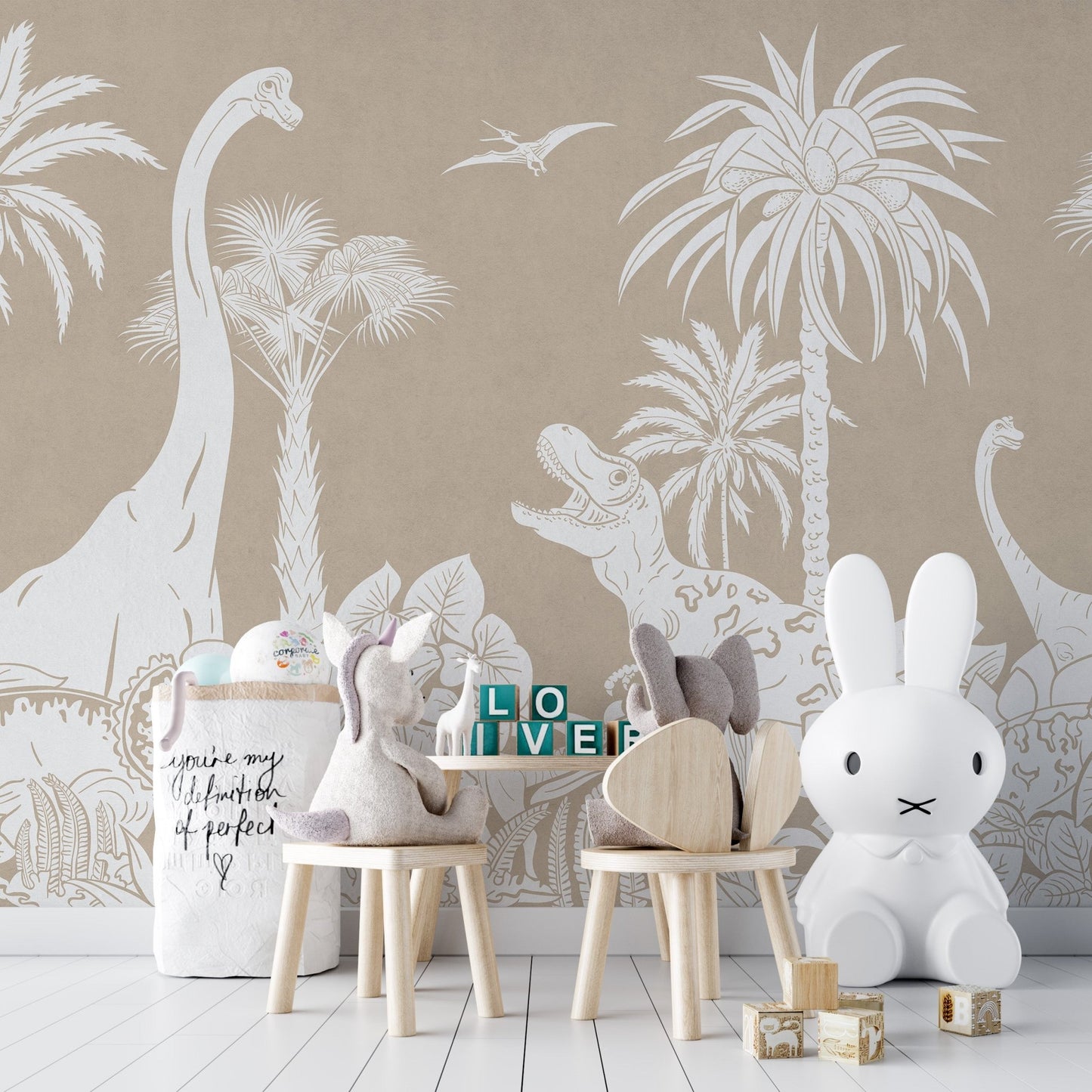 Wildlife dino wallpaper wall mural with vintage sketch style.