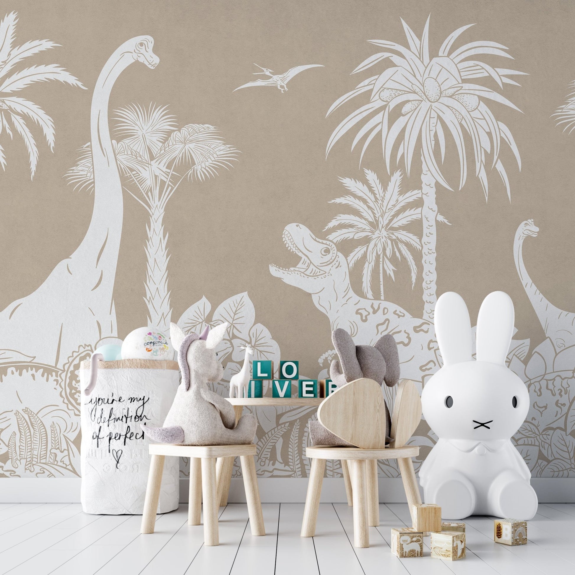 Wildlife dino wallpaper wall mural with vintage sketch style.