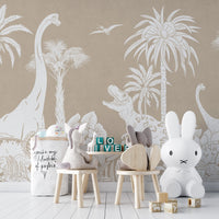 Wildlife dino wallpaper wall mural with vintage sketch style.