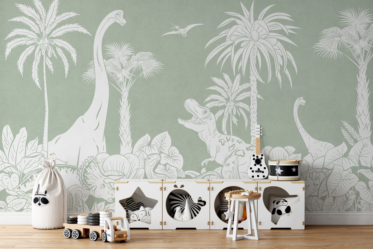 Monochrome Dino Green Wall Mural - Wallanza