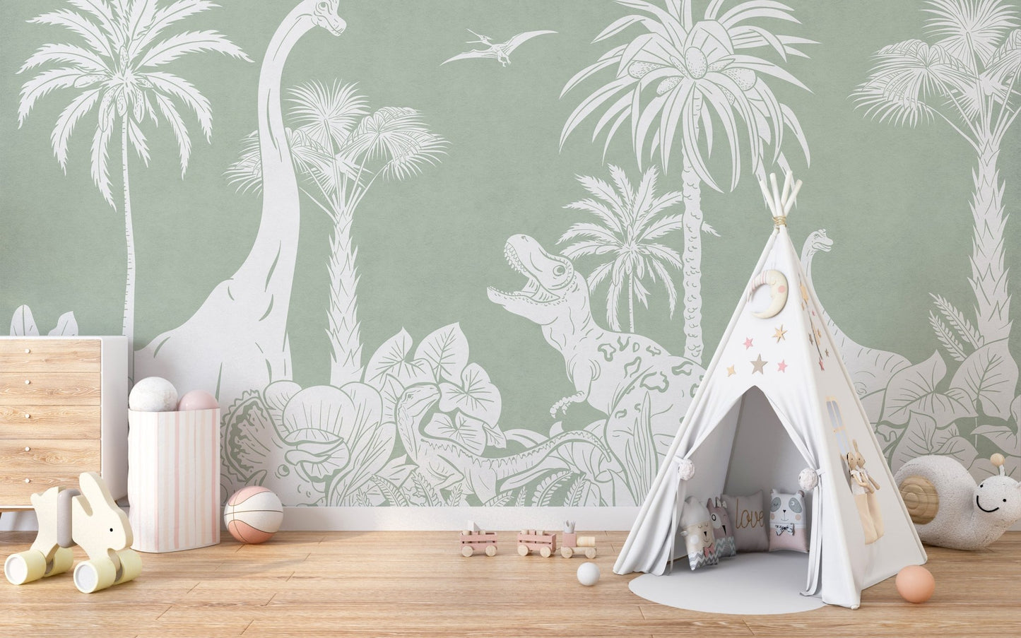 Monochrome Dino Green Wall Mural - Wallanza