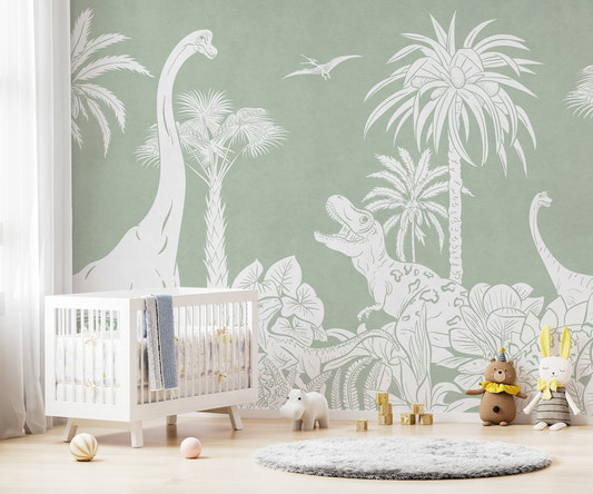 Sage green prehistoric wallpaper mural with white line art of a T-Rex and jungle.
