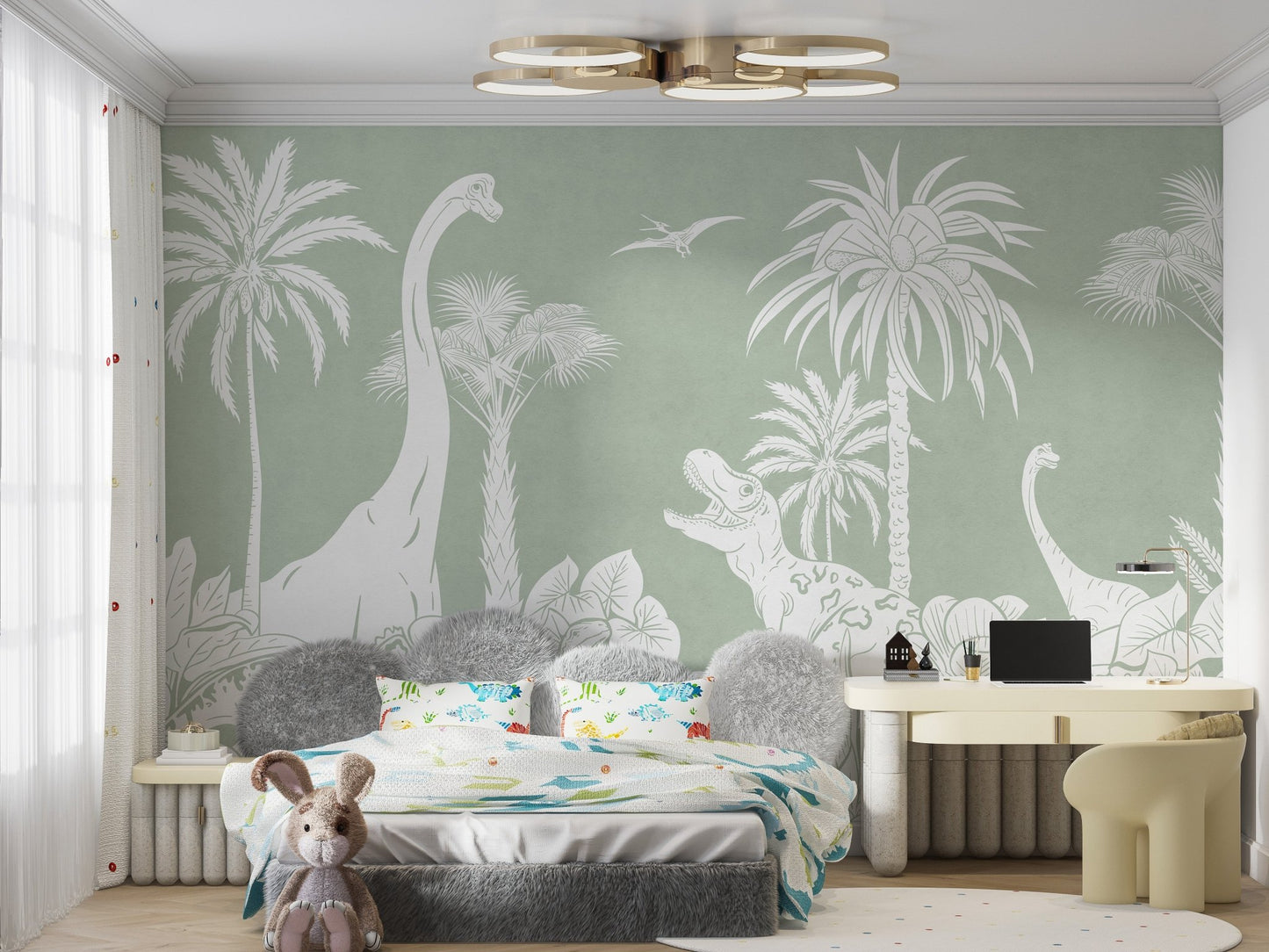 Monochrome Dino Green Wall Mural - Wallanza