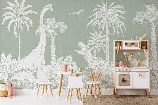 Monochrome dino green wall mural featuring a tall Brachiosaurus and palm trees.