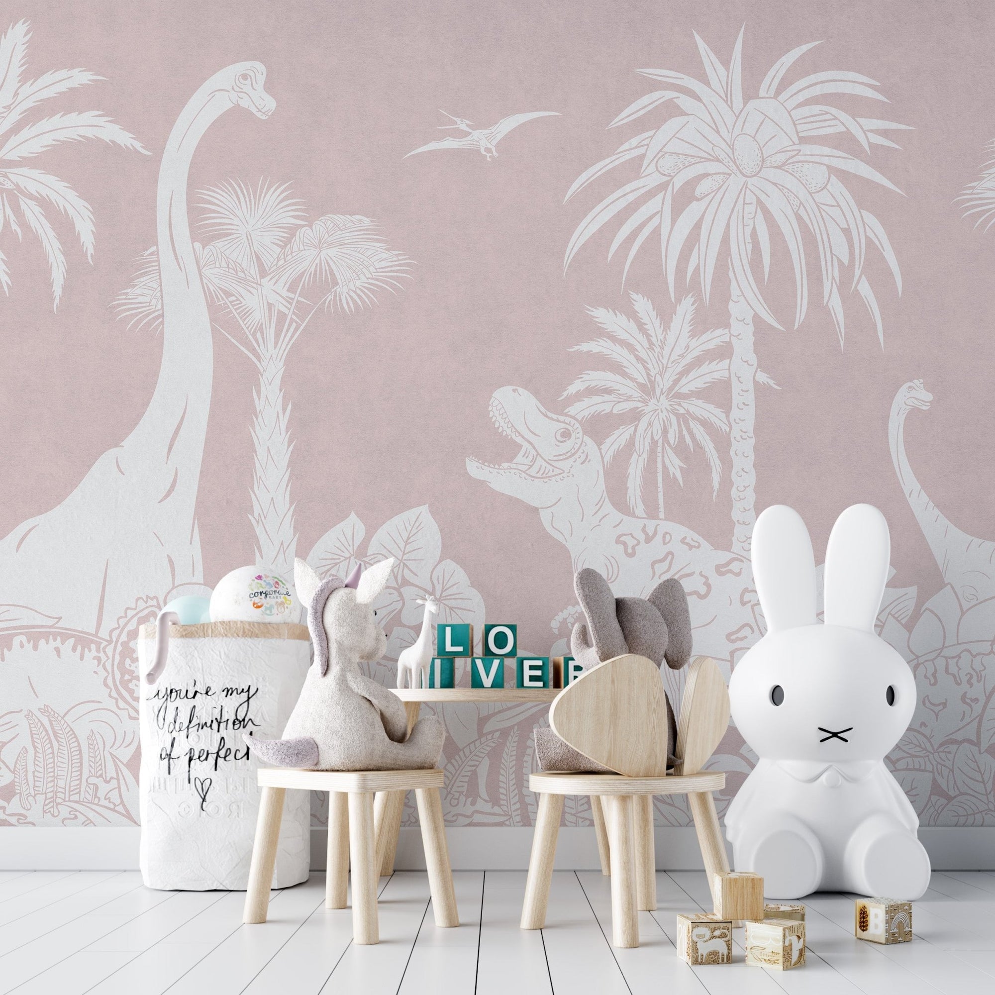 Monochrome dino pink wall mural with a tall Brachiosaurus and palm trees.