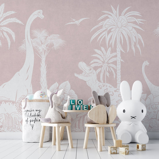 Monochrome dino pink wall mural with a tall Brachiosaurus and palm trees.
