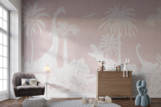 Soft pink prehistoric wallpaper mural featuring a T-rex and jungle leaves.