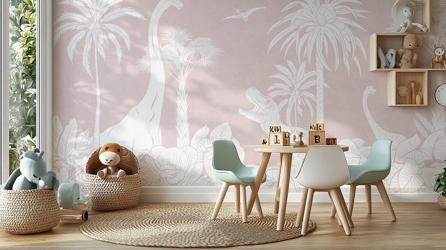 Monochrome Dino Pink Wall Mural - Wallanza