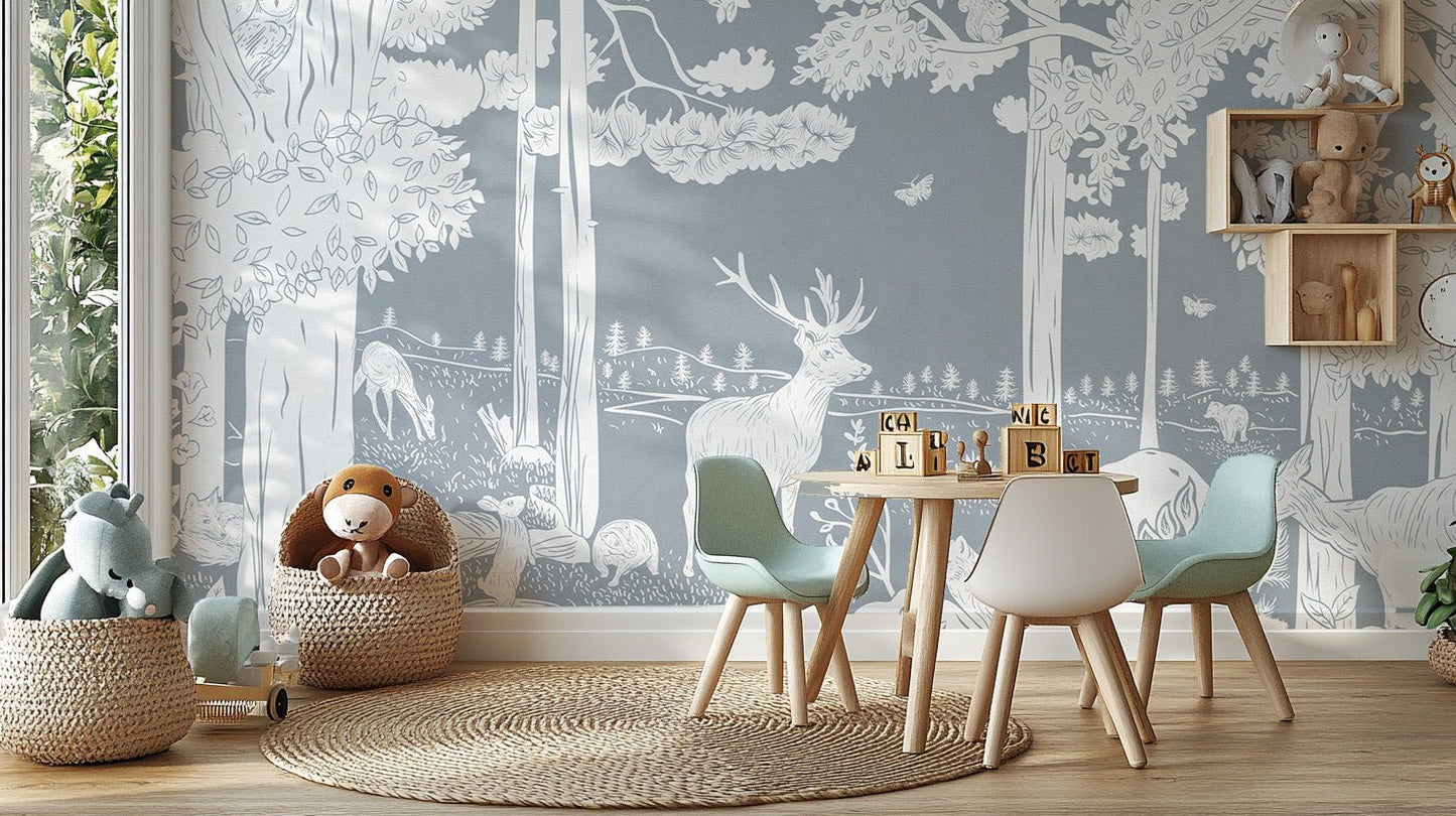 Monochrome Forest Blue Wallpaper Mural - Wallanza