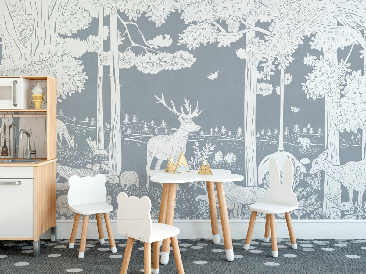 Monochrome forest blue wallpaper mural featuring a majestic stag and foxes.