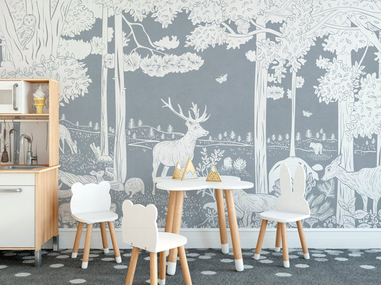 Monochrome forest blue wallpaper mural featuring a majestic stag and foxes.